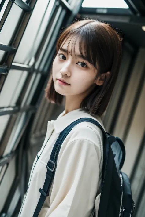 (8K、original photography、Top quality、masterpiece:1.2)、21 years old、Japanese、1 girl in、Casual fashion、a delicate face、Delicate eyes、Detailed mouth、Nogizaka、Standing in front of the sign、Carrying a backpack