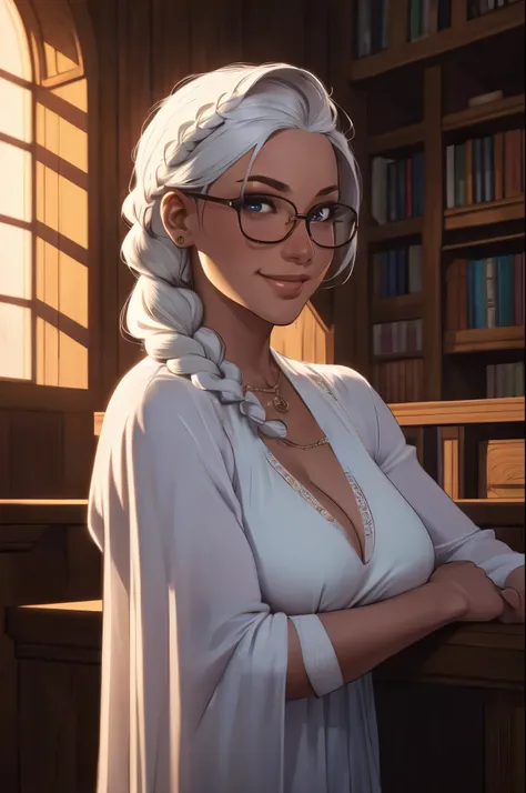 1 girl, white hair, (long twins braids), wearing a long regal dress, fingerless gloves, (below glasses), thong, excited smile, thick lips, cleavage, posing in a library, ((dynamixc pose+Interacting+leaning on anything+object+leaning against)), | (8k, RAW p...