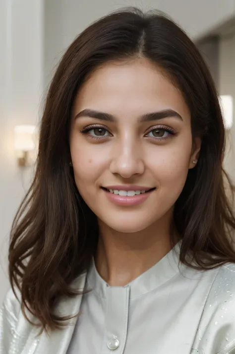 (8k, highest quality, ultra high resolution, photorealistic:1.4, UHD, ultra detailed:1.37, mid-range image),1girl, in a dentist clinic, white teethes, small nose, big eyes, 18yo, black jacket, light brown eyes, small head, acne,bad skin,small nose, acne sk...