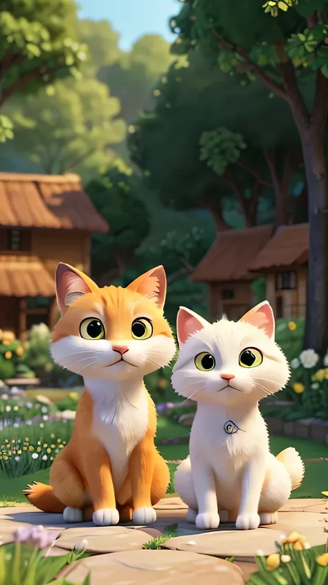 The white cat and the little fox in Pixar style, happily enjoying the results of the fox’s gratitude, sitting together in a beautiful garden or cozy den. Both characters have large, content eyes and warm smiles. The background shows a serene, sunlit scene ...