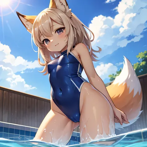 An anime girl standing in the pool, Wear a solid-colored swimsuit, female furry mini cute style, sfw version, fox tail, Soaked, The whole body is dripping, kemono, an anime drawing by Kamagurka, pixiv, furry art, from below, UHD, masterpiece, anatomically ...