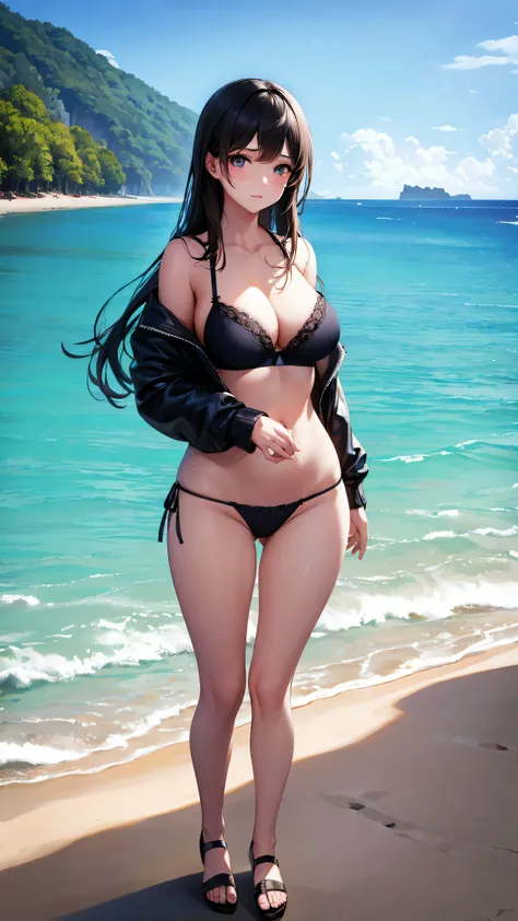 beautiful girl , standing on the beach，Wear only bras and panties，The chest is large，Very enchanting。