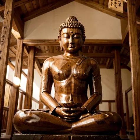 wooden_made statue of buddha in a japanese temple. a forest in background, blurred foreground. hi quality photo shot