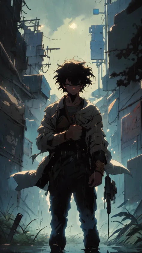 A lone teenager with windblown hair, silhouetted against a graffiti-covered wall, holding a pistol at chest level. Rain drips down the barrel, casting a glint of light. Overcast sky, dark, gritty, action pose, cinematic lighting, style art incorporating el...