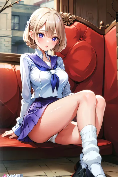 masterpiece, best quality, highres, us1, purple eyes, , blue skirt, neckerchief, white socks, pleated skirt, long sleeves, white shirt, blue sailor collar, (panties:1.1),white panties,ribbon panties,sock,shoe,sitting,leg spread