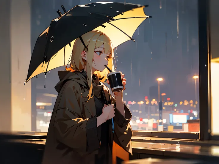 A blonde woman is drinking coffee and thinking alone。
night　rain
