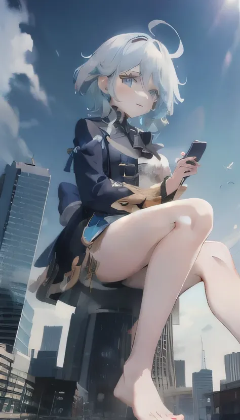 1 Girl,huge,Shy,barefoot,white blue hair,blue eyes,Sitting on the Earth,line-up,line-upGiga,city building,line-upCity,Look up from the bottom up，whole body