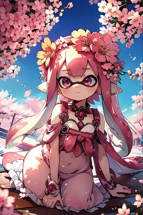 masterpiece、highest quality、High resolution、Real Anime、3D、background image、Flower Field、Flowers on one side、a lot of cherry blossom、SakuraFubuki、beautiful、beautiful、You can see far from the top of the hill、Ultra-wide angle、Splatoon Girl、20-year-old、Angle f...