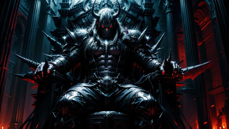  anime aestetics, demonic throne room, dark colors, dim light, cold colors, spiky throne, black stone collumns, gothic style, demon lord sitting on the throne, huge muscular demon, glowing eyes, long horns, scales armour, dark red skin, black scales, huge ...