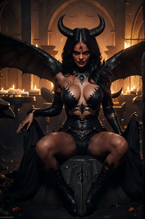 ultra detailed Rihana as Satan sur le Trone de lenfer, diablesse, Robe sexy noire et rouge, big demon wings, Demon horn, Realistic detailed eyes, Context of the chaos of hell and destruction, Evil queen, looking straight at camera, souriant avec satisfacti...