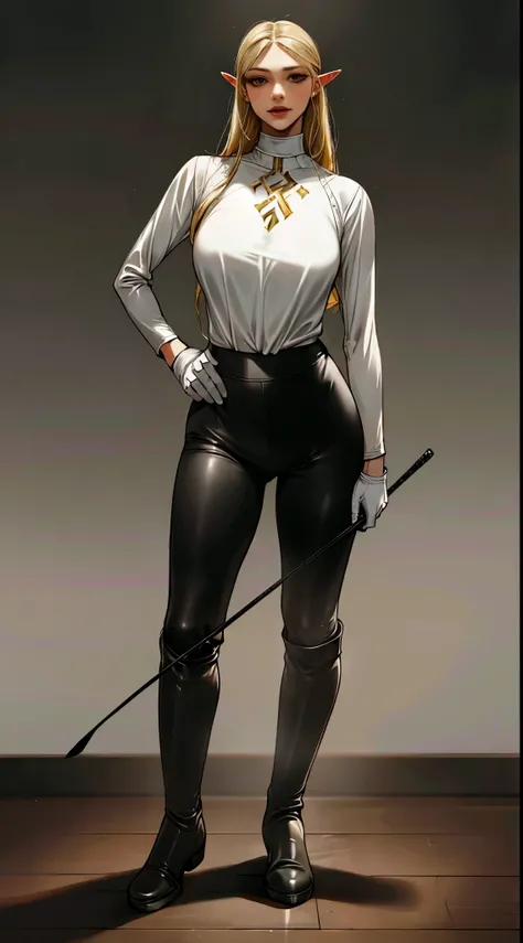(highest resolution, distinct_image) best quality, a woman, solo, masterpiece, highly detailed, semi realistic, blonde hair, bangs, 18 years old, mature, young, tall strong, uniform, military uniform( large indoor background), cold, serious, tall, handsome...
