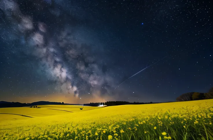 cherry blossoms,yellow grassland,night,milky way,landscape