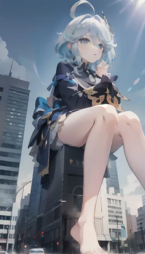 1 Girl,huge,Shy,barefoot,white blue hair,blue eyes,Sitting on the Earth,line-up,line-upGiga,city building,line-upCity,Look up from the bottom up，whole body