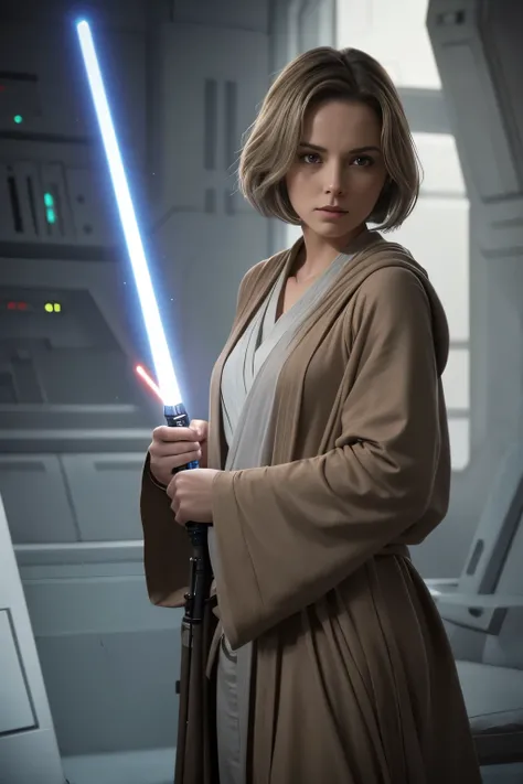 star wars, Jedi master, woman, good looks, sweet face, hair tucked into a bump of a light brown shade, in a Jedi robe, lightsaber in hand, blade burning blue, Jedi Temple