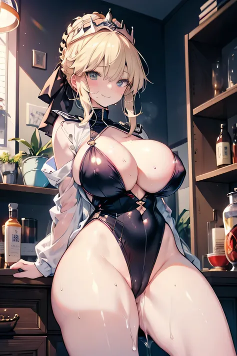 Erotic manga、Anime painting、highest quality、smile、Artoria Pendragon、A voluptuous, lewd gal flirting in the clubhouse、Sex Appeal、Perfect proportions、Very large breasts、Fatty legs、Clear eyes、Showing off pussy、Sweaty、Cowboy Shot