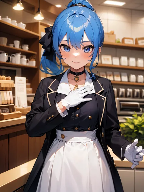 (One girl:1.5),Star Town Suisei、blue eyes、Blue Hair、choker、Hair between the eyes、Medium Hair、ponytail、星のchoker,Tuxedo,outer coat,gentleman,White gloves,(Perfect hands),(Perfect Anatomy),(masterpiece),(highest quality),Cool smile,Coffee shop