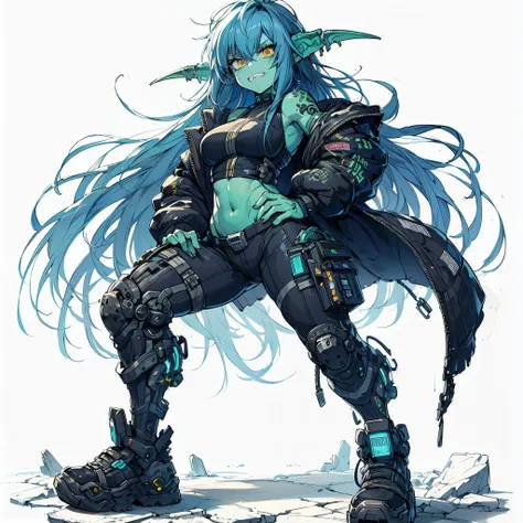 (masterpiece, best quality), ultra detailed, anime style, full body, solo, Full body, Cyberpunk orc lady, wearing a Cyberpunk suit, night blue hair and yellow eyes, JAGGED-TEETH, pale green skin, Mid-back posture with hands on hips, wears high tech sneaker...