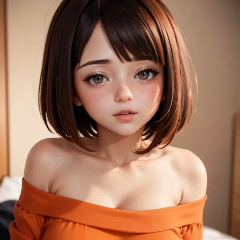 Amazing portrait of a sexy and cute girl with a short bob hairstyle and a seductive gaze who is blushing intensely with parted lips and is desperate and flustered and lustful wearing an off shoulder orange t shirt showcasing her bare shoulder while lying o...