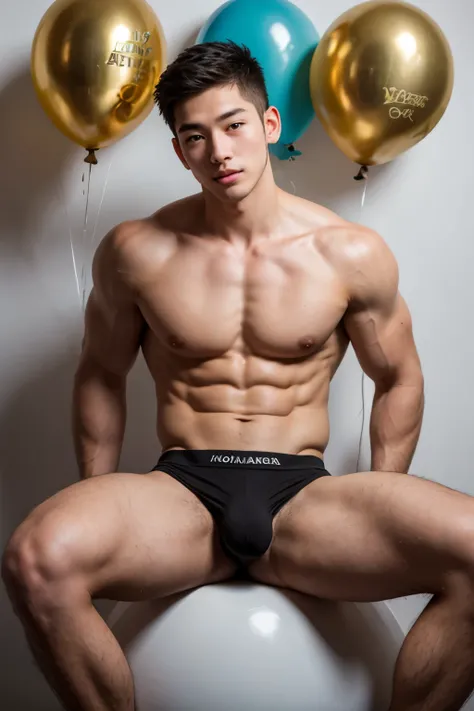 Korean, young boy, cute, handsome, muscular, puffy breasts, playing with big balloons, sitting on big balloons, big balloons, holding a birthday cake, black underwear, shirtless, sexy