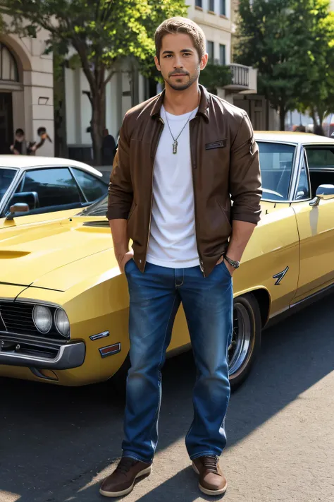 Age 25々Cool guy、What its like to be a model、Chic and casual clothing、Delicate face、good looking、Paul Walker from Fast and Furious、I am brunette、Brown eyes、Daytime on a sunny day、Cool standing figure、The scenery in the background is a cityscape、Live-action ...