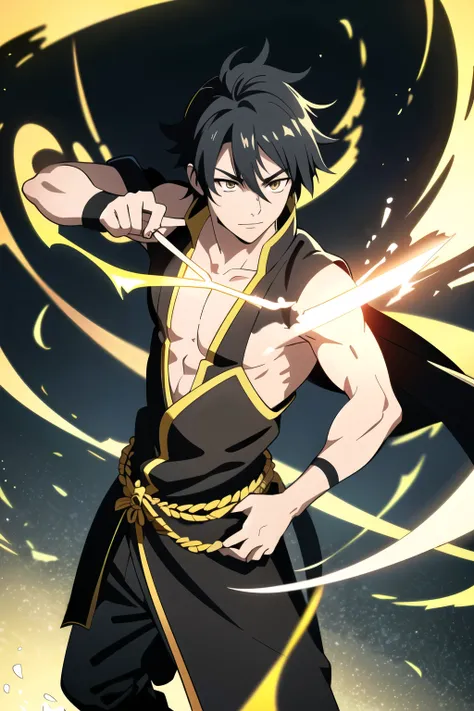 (best quality,4k,8k,highres,masterpiece:1.2), male, human, short black hair, swordsman, masculine clothes, emanating yellow aura indicating he is powerful, tensura anime art style, detailed eyes, (Very Attractive)