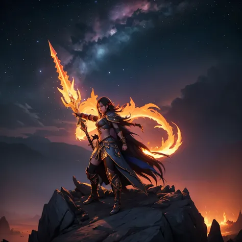 world of warcraft: "uma guerreira destemida, envolta em uma aura de fogo, raise your flaming sword to the night sky. feixes inca...