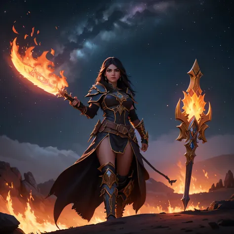 world of warcraft: "uma guerreira destemida, envolta em uma aura de fogo, raise your flaming sword to the night sky. feixes inca...