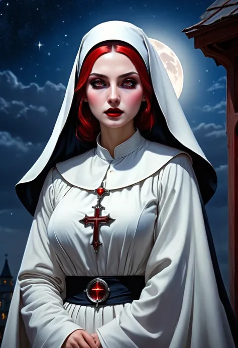a picture of an exquisite beautiful female (nun: 1.3) vampire standing under the starry night sky on the porch of her monastary, action shot, dynamic angle (ultra detailed, Masterpiece, best quality), ultra detailed face (ultra detailed, Masterpiece, best ...