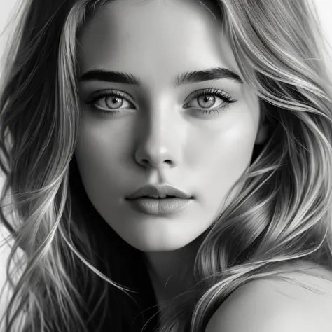 a line art portrait of a young woman, detailed facial features, beautiful eyes, delicate lips, long flowing hair, soft shadows, minimalist style, black and white, high contrast, intricate linework, elegant, serene, detailed, intricate, masterpiece