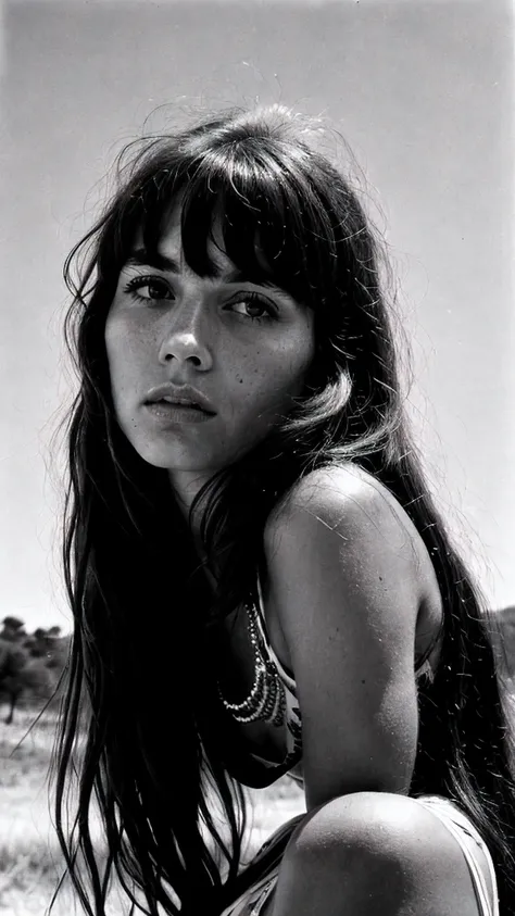  1970, Rhonda Pittman, female hippie, long black hair, bangs, sharp features, high cheekbones, upturned eyes, gorgeous, b&w, black and white, highly detailed,detailed skin,depth of field,film grain