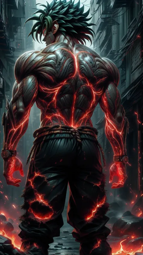 (absurdres, highres, ultra detailed)(masterpiece), (extremely intricate:1.3), (realistic),cyberpunk city,Cinematic Lighting,4k,(masterpiece), (1Broly:1.2),upper body, nvwashireg, burnt clothes,(glowing skin:1.3),(((molten rock skin)))