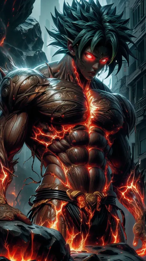 (absurdres, highres, ultra detailed)(masterpiece), (extremely intricate:1.3), (realistic),cyberpunk city,Cinematic Lighting,4k,(masterpiece), (1Broly:1.2),upper body, nvwashireg, burnt clothes,(glowing skin:1.3),(((molten rock skin)))