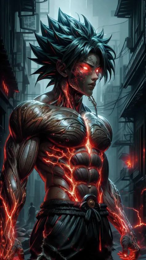 (absurdres, highres, ultra detailed)(masterpiece), (extremely intricate:1.3), (realistic),cyberpunk city,Cinematic Lighting,4k,(masterpiece), (1Broly:1.2),upper body, nvwashireg, burnt clothes,(glowing skin:1.3),(((molten rock skin)))