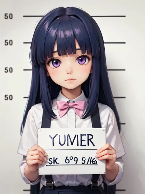 one girl, furude rika, blue hair, purple eyes, blunt bangs, bangs, white shirt, pink bow, suspenders, black skir, mugshot, holdi...