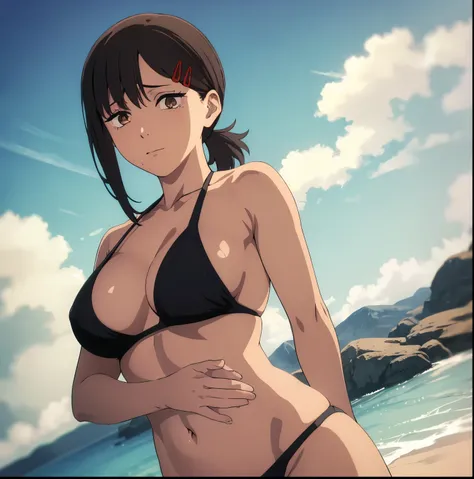 1girl, alone, kobeni higashiyama, black hair, hair ornament, hair clip, mole, mole under the eye, ponytail, short hair, (brown eyes: 1.5), (bikini:1.2), black bikini, medium breasts, medium waist, wide hips, wide thighs, round butt, looking at viewer, look...