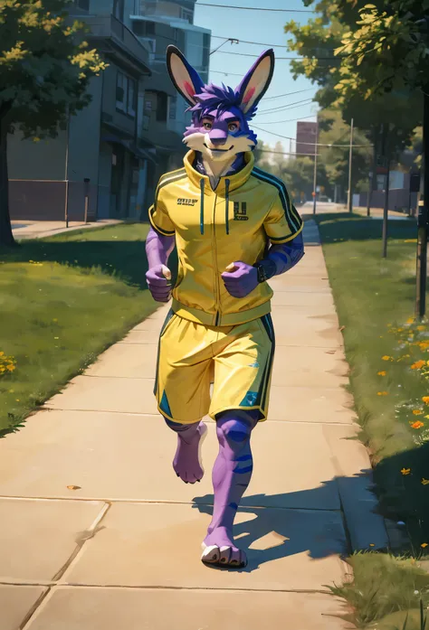 (((Barefoot furry character, full body, cinematic setting, furry male, plantigrade))) 

Cornelius, violet fur, bunny, black/yellow tracksuit, jogging in park

BREAK, intricate details, highly detailed, extreme detail, octane render, fine art, best quality,...