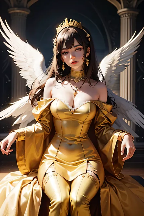 A goddess a combination of mother earth and the new technological age anime style with golden eyes and Victorian style clothing with jewels on the dress the background has to be in a castle in the sky and magical brown hair white skin golden pupils now the...