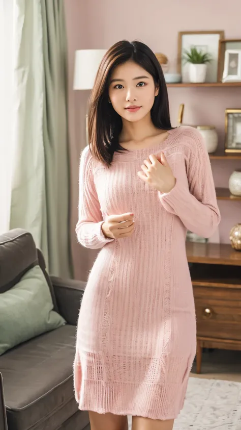 RAW, Best quality, high resolution, (masterpiece: 1.3), half body shot, cute Indonesian woman, Masterpiece, cute face, standing in living room, feminine gesture, graceful expression, body facing viewer,facing straight to viewer, baby pink knitted dress, be...