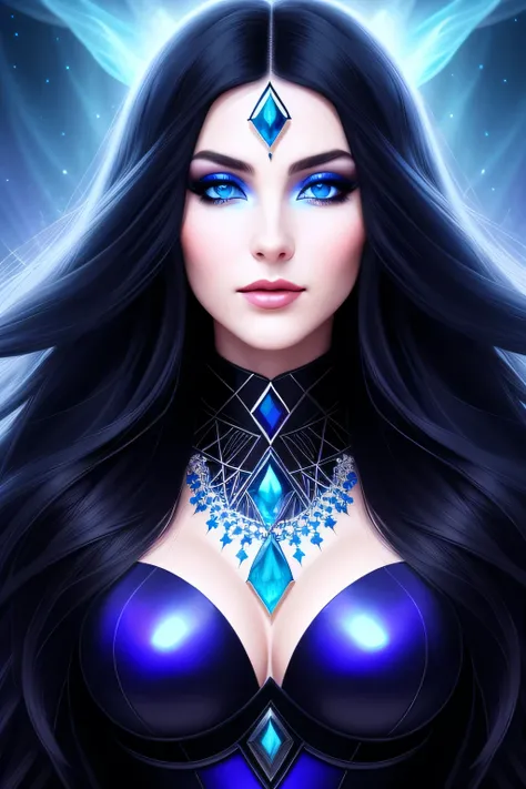 Portrait, beautiful evil sorceress with long flowing black hair, staring deep into your eyes with her mesmerizing blue eyes, wanting a kiss, hourglass figure, symmetrical figure, highly detailed face, beautiful face, lush lips, smiling, alluring, stunning ...