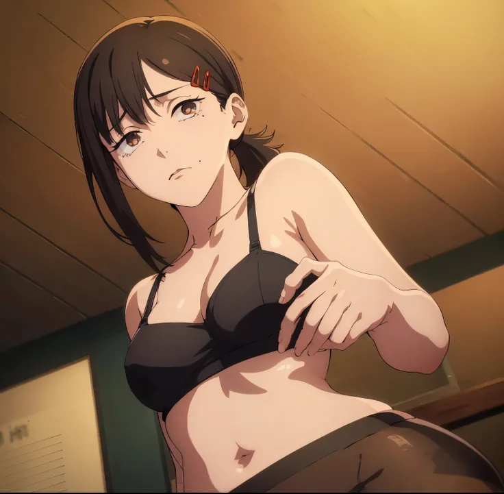 1 girl, alone, kobeni higashiyama, black hair, hair ornament, hair clip, mole, mole under the eye, ponytail, short hair, (brown eyes: 1.5), (black lingerie:1.2),( two-piece lingerie:1.2), (black pantyhose:1.2), bare navel, bare shoulders, indoors, office, ...