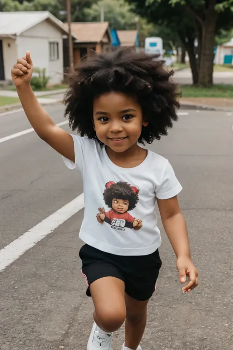 Small  aged 4, black with afro pop hair style running on the road holding her teddy bear, wearing pick t-shirt, white short shes happy her eyes looking on right upside