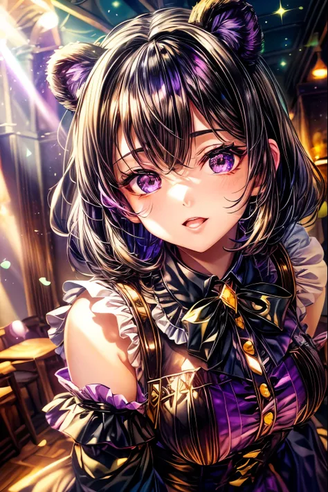 ((worst quality, low-quality)), ((black Bear-eared chemomimi girl)), (Gothic lolita), ((Black-haired berry berry short, purple inner color)), plump shiny lips, Beautiful clear purple eyes, Spoken Heart, Leaning forward, (open terrace cafe background), ((Sh...