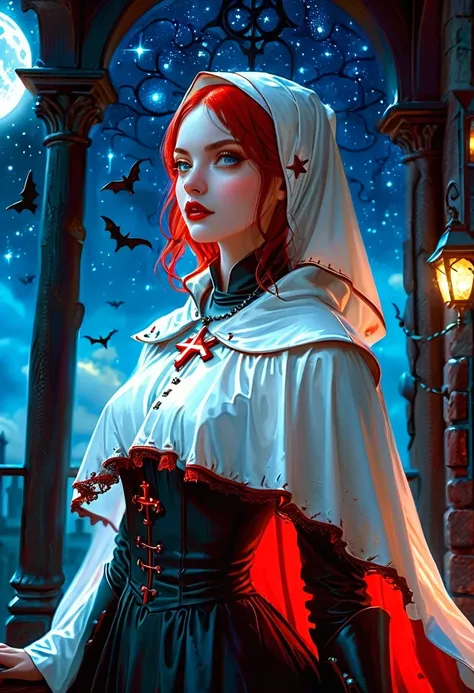 a picture of an exquisite beautiful female (nun: 1.3) vampire standing under the starry night sky on the porch of her monastary,...