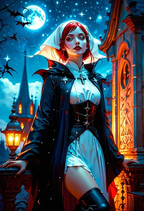 a picture of an exquisite beautiful female (nun: 1.3) vampire standing under the starry night sky on the porch of her monastary,...