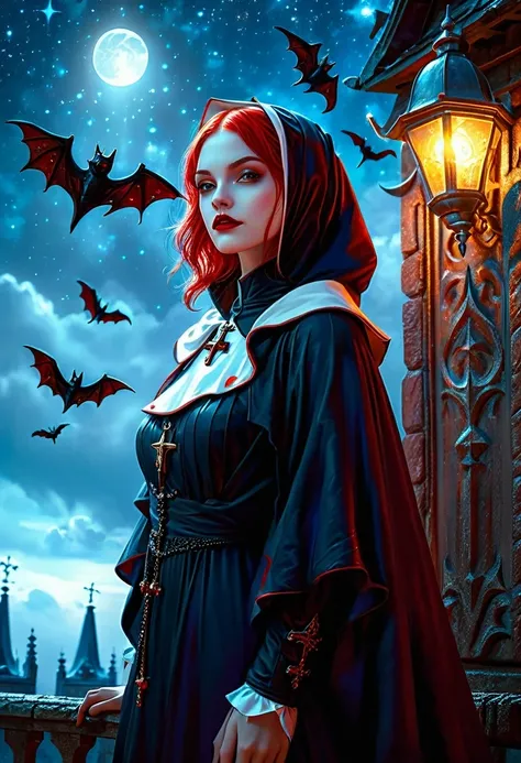 a picture of an exquisite beautiful female (nun: 1.3) vampire standing under the starry night sky on the porch of her monastary, action shot, dynamic angle (ultra detailed, Masterpiece, best quality), ultra detailed face (ultra detailed, Masterpiece, best ...