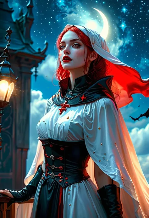 a picture of an exquisite beautiful female (nun: 1.3) vampire standing under the starry night sky on the porch of her monastary, action shot, dynamic angle (ultra detailed, Masterpiece, best quality), ultra detailed face (ultra detailed, Masterpiece, best ...