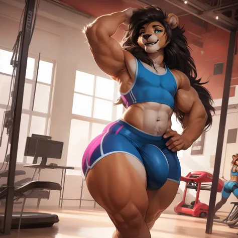 (by darkgem, by boosterpang), solo focus, 1boy, male, lion boy, cute, girly, femboy, smiling, happy, large muscular body, (hyper hips:1.3), (large bulge), bulgeJ8, long hair, detailed eyes, ((oblivious)), lust, masterpiece, best quality, lycra shorts, whit...