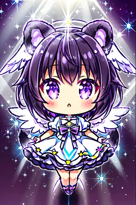 chibi, nendoroid, ((worst quality, low-quality)), ((black Bear-eared chemomimi girl)), (pure white dress), ((Short black hair with purple inner color:1.3)), plump shiny lips, Beautiful clear purple eyes, Spoken Heart, Leaning forward, ((big angel wings)), ...