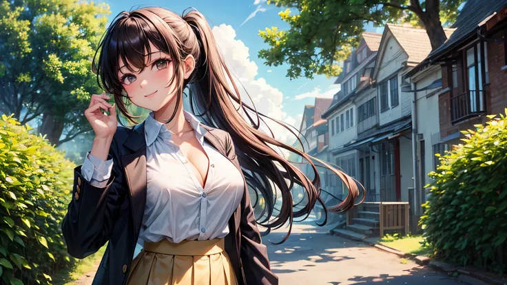 1girl, solo, summer, village, trees, sun, clouds, ((colorful hair)), long hair, curly hair, ponytail, large breasts, ((black blazer)), button down shirt, ((white shirt)), ((short sleeved shirt)), ((unbuttoned shirt)), unbuttoning buttons, cleavage 1:3, bro...