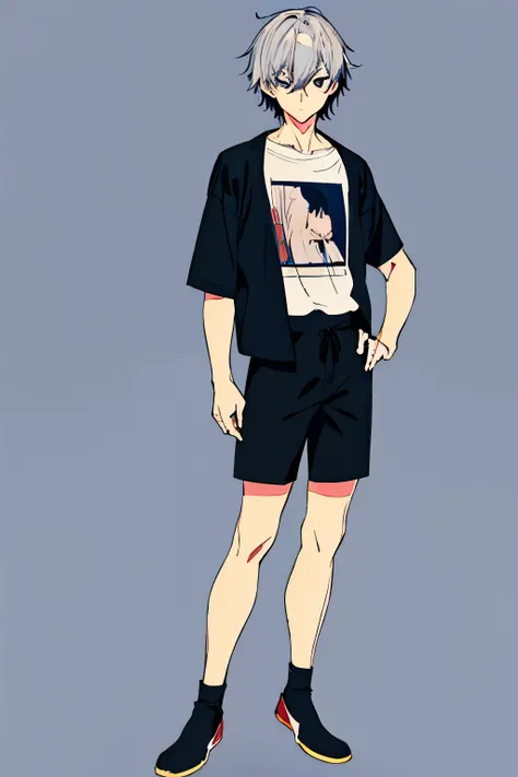 simple anime boy, full body, young, manga, disney style, black strokes, short hair, gray hair, standing pose, short 